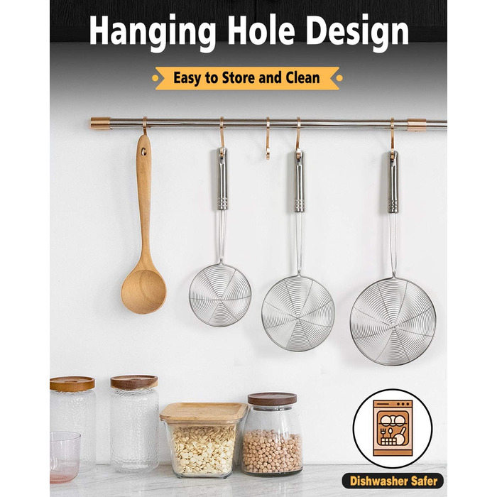 Набір сит-шумовок для кухні, 3 шт. з нержавіючої сталі, 19.5/17.5/13.5 см, з довгим руків'ям, для приготування та смаження, підходить для миття в посудомийній машині