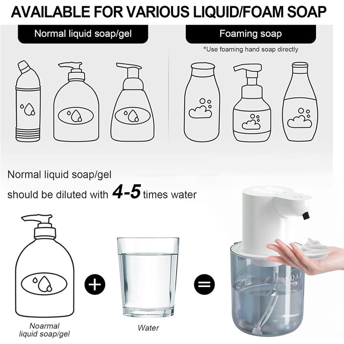 Автоматичний диспенсер для рідкого мила Cuteefun, 400 мл, сенсорний, індикатор заряду батареї, 4-рівнева регулювання дозування, настінний для ванної, кухні, чорний, піниться