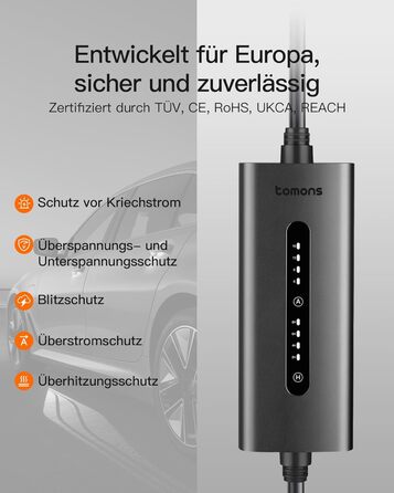 Кабель для зарядки електромобіля Type 2 Schuko 3.68 кВт, 6-16A, з цифровим дисплеєм та функцією відкладеного старту (11 кВт, 7м)