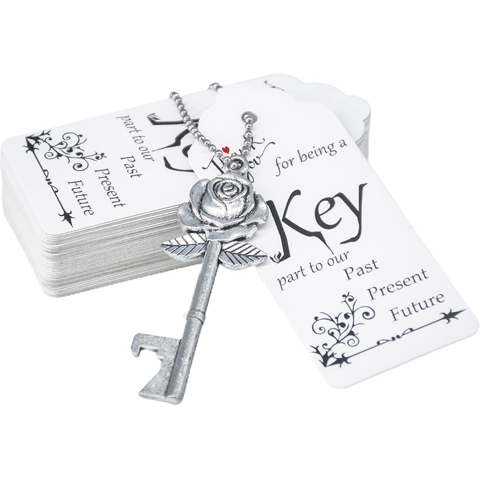 Aokbean 100 Pieces Wedding Key Bottle Opener Rose Shape Vintage Rustic Cake Accessories Suitable as a Gift for Guests with Thank You Card and Chain (Antique Silver)