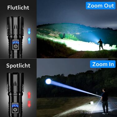 Ліхтар LED тактичний USB-C 50000 люмен, 24 години роботи, Zoom, 5 режимів, IP67, чорний