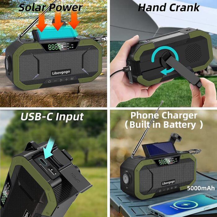 Радіо з ручним приводом та сонячною зарядкою - з акумулятором 5000mAh, радіо для екстрених ситуацій, IPX5 водостійке, AM/FM, портативне, динамо, кемпінг, на відкритому повітрі, ліхтарик, SOS, USB-C (зелене)