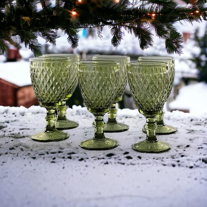 Vintage Set of 6 Colored Glasses and Tumblers with Diamond Pattern (Netz Green Wine Glass), Long Drink Glasses, Cocktail Glasses with Embossing, Glass, Tumbler, Wine Glass, Water Glass, Goblets