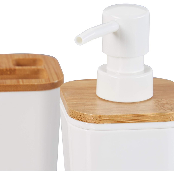 Набір аксесуарів для ванної Relaxdays (4 шт.), сучасний дизайн, зубний стакан, мильниця, дозатор мила, пластик & бамбук, білий, 17,5 x 7 x 7 см