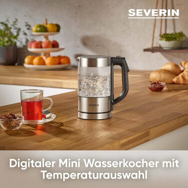 Міні електричний скляний чайник SEVERIN WK 3472, 0,5 л, регульована температура, з нержавіючої сталі, з фільтром від накипу, компактний дизайн, чорний