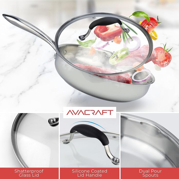 Сковорода Avacraft з нержавіючої сталі 18/10 Tri-Ply з кришкою, боковими виливами, Cool-Touch ручкою, для індукційних плит, 10 дюймів