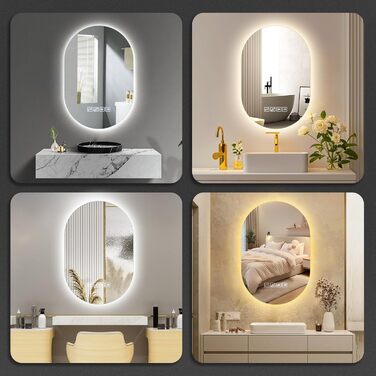 Дзеркало для ванної кімнати з підсвічуванням LED, 60 см, протитуманна функція, Bluetooth, сенсорний вимикач, регулювання яскравості, 3000K/4000K/6500K, HD-загартоване скло, 500x750 мм (овальне)