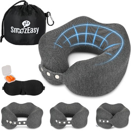 Подушка для шиї SnoozEasy™ для дорослих | Подушка для подорожей на літаку з memory foam | Регульована подушка з маскою для очей, навушниками, сумкою та карабіном | Бренд UK