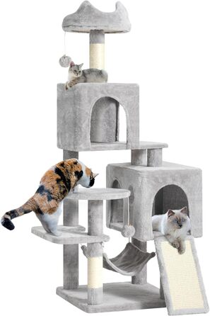 Кігтеточка YITAHOME XL, 137 см, з 2 сизалевими стовпчиками, 1 платформою, 2 хованками, гамаком, плюшевими кульками, дощечкою для заточування кігтів, котячий комплекс, сірий 45 x 45 x 137 см