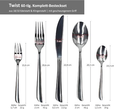 Набір столових приборів Justinus Twist 60 предметів для 12 осіб з витонченим дизайном | з нержавіючої сталі 18/10 та сталі для лез | для дому та ресторану
