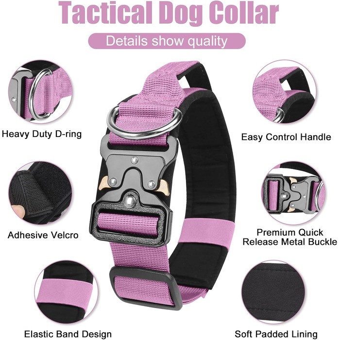 Тактичний нашийник для собак Ledeak з ручкою, регульований, широка підкладка, нашийник з металевою застібкою, навчальний нашийник для собак (фіолетовий, M)