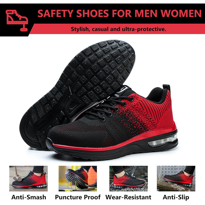 Черевики робочі чоловічі/жіночі, захисні, спортивні, з металевим носком, неслизькі, дихаючі (46 EU, Червоний)