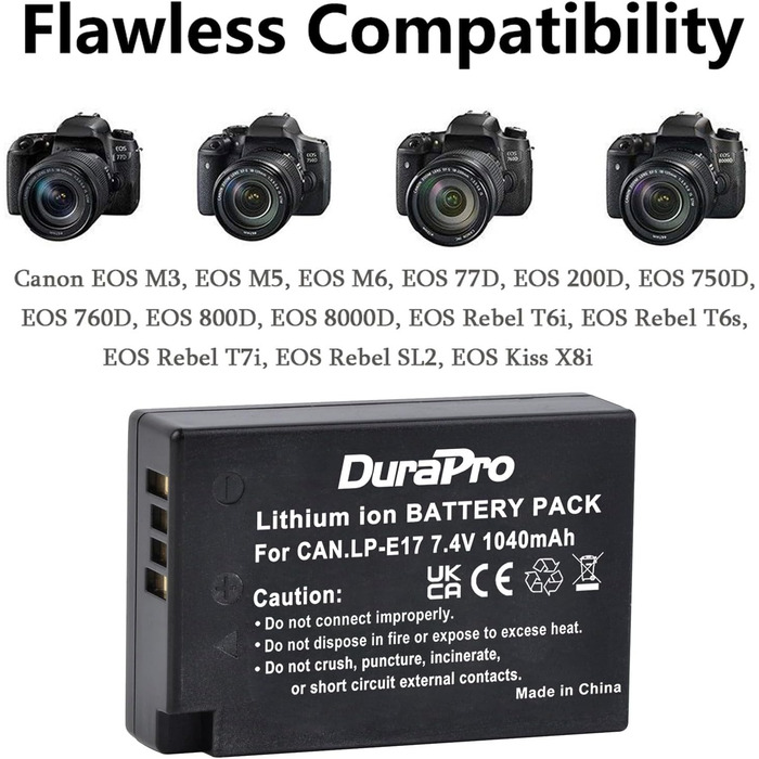 Акумулятор DuraPro 2X 1040mAh LP-E17 для Canon EOS M3, M5, M6, Rebel SL2, T6i, T6s, T7i, 200D, 250D, 750D, 760D, 800D, 8000D, RP та USB-зарядний пристрій Type-C з LED-індикатором