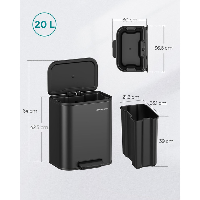 Відро для сміття SONGMICS 20 л з кришкою, з педаллю, нержавіюча сталь, Soft-Close, з внутрішнім відром, антиковзне педаль, хмарно-білий LTB542W02 (Чорний)