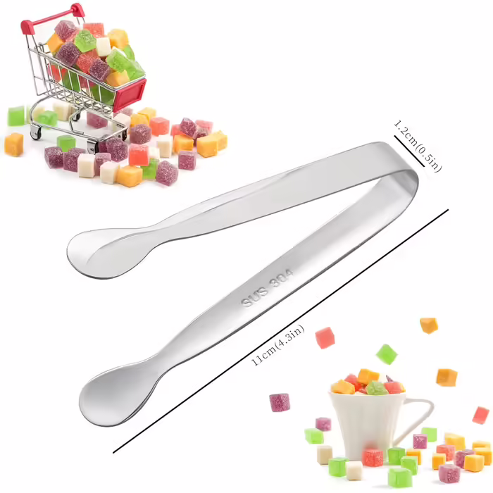 Small Mini Tongs, 10.7 cm, Stainless Steel, small tongs for serving food, durable metal kitchen tongs for ice, salad, toaster, desserts, appetizers, and charcuterie boards (6 pieces)