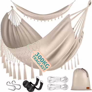 Гамаки KESSER 320x150 см, до 300 кг, дихаюча та водостійка тканина з китицями, для 1-2 осіб, для кемпінгу, саду та відпочинку, з сумкою, мотузками і ременями, бежевий