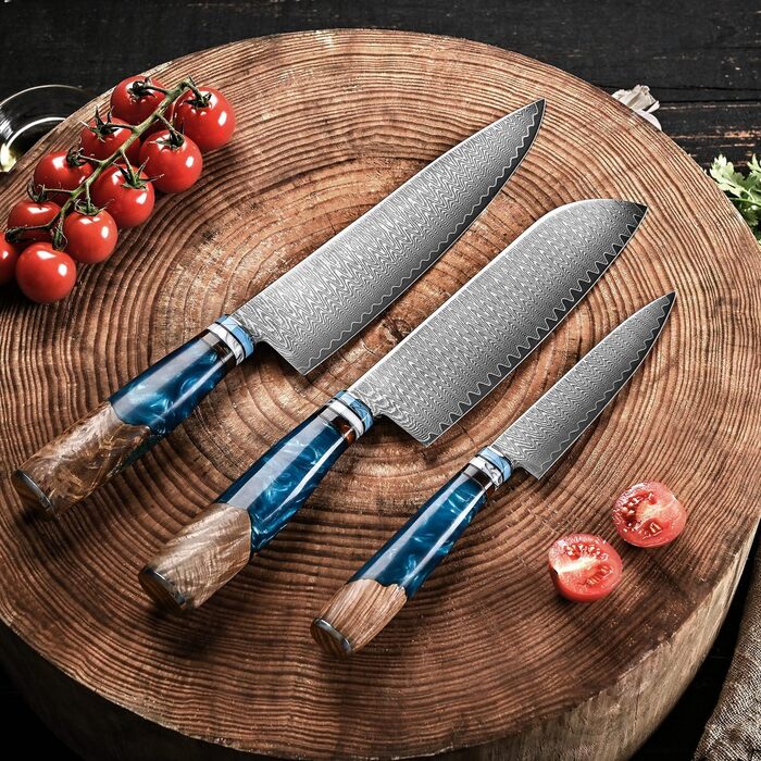 Професійний ніж для кухні oFuun, кухонний ніж з дамаської сталі, 20 см, 67 шарів, ергономічна ручка (Guyto+santoku+універсальний ніж)