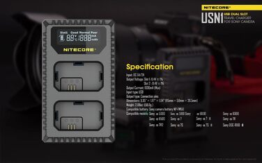 Зарядний пристрій Nitecore USN1 для Sony NP-FW50 з індикатором та USB, чорний
