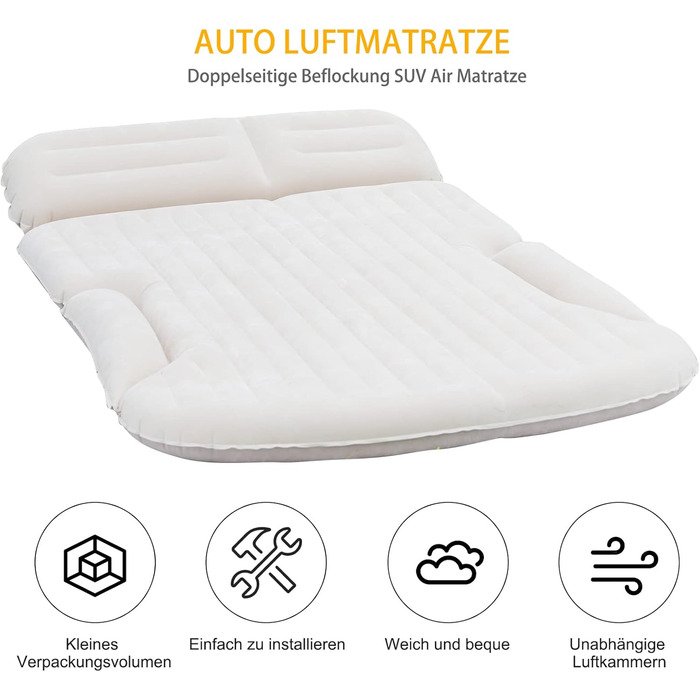 KMZ Automatic Car Mattress, 2 Pillow Car Air Mattress, Double-Sided Thickened Flocked Auto Mattress, Inflatable Car Bed for Trunk Rear Seat