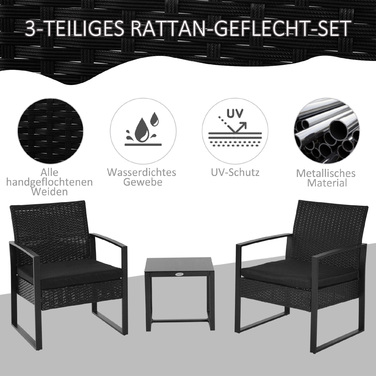 Набір садових меблів Outsunny з ротангу Polyrattan на 2 особи, меблі для балкона з подушками, чорного кольору, стійкі до погодних умов та сучасного дизайну для тераси та саду