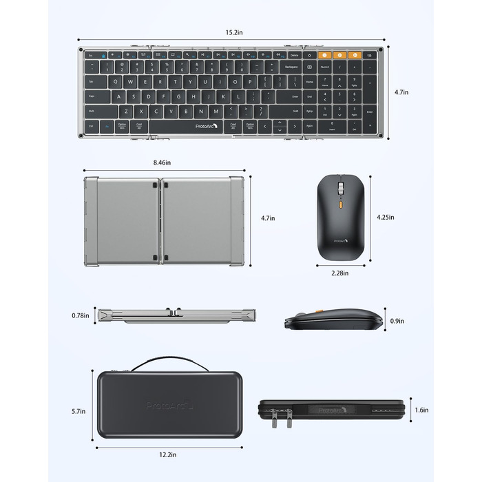 Бездротова клавіатура та миша ProtoArc XKM01: складана, Bluetooth, 2.4G, QWERTZ, для iPad, Tablet, iPhone, Laptop (Space Grey)