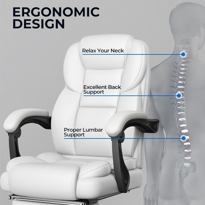 Ергономічне крісло Yaheetech для офісу, шезлонг з підставкою для ніг, комп'ютерне крісло з регульованими підлокітниками, висока спинка, регульована висота (Білий)