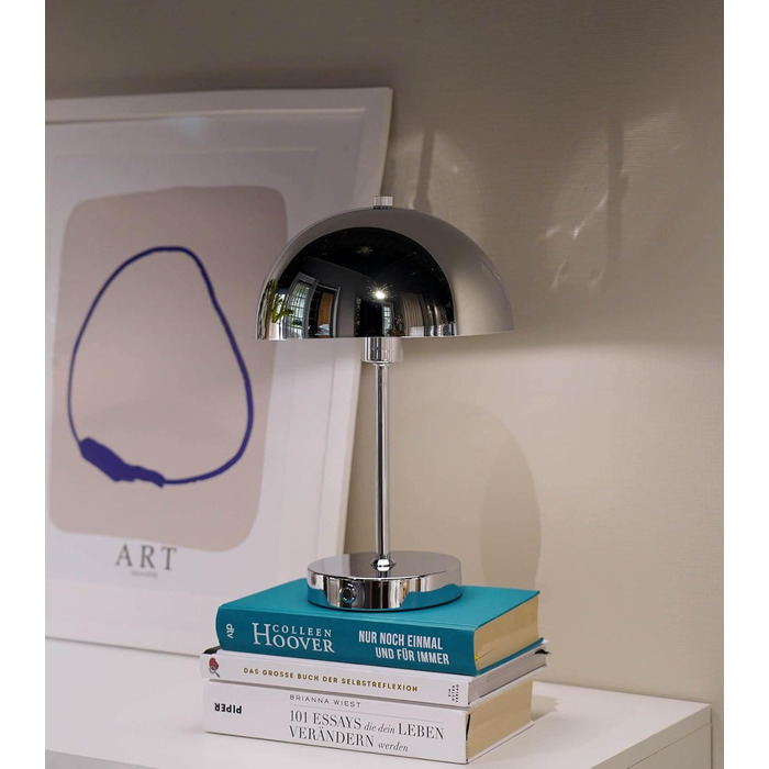 Mokebo® LED настільна лампа бездротова, акумуляторна, з регулюванням яскравості та USB-C, 'The Lighthouse', вінтажна лампа-горщик, грибний світильник та настільна лампа кольору тауп, метал, з батареєю, тепле біле світло, сріблястий колір