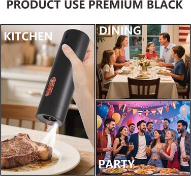 Electric Salt and Pepper Grinder Set, Rechargeable, Automatic Electric Pepper Grinder Set with Large Capacity 110ml, Externally Adjustable Coarseness, LED Light, and One-Hand Operation, Black