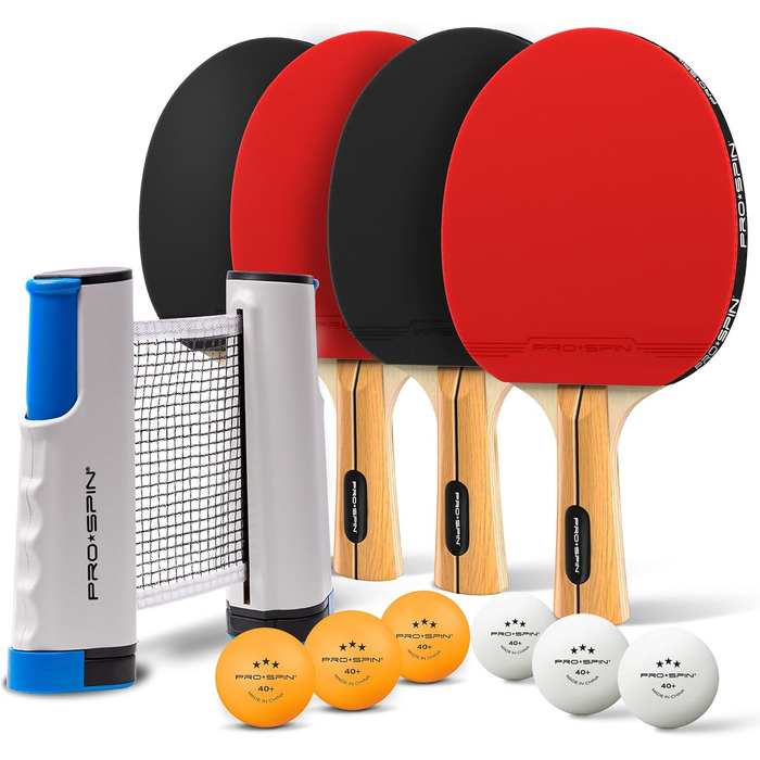 PRO SPIN Table Tennis Set with Net - Mobile Table Tennis Net, 3-Star Table Tennis Balls, Case & Paddles | Perfect Gift Set for 4 Players