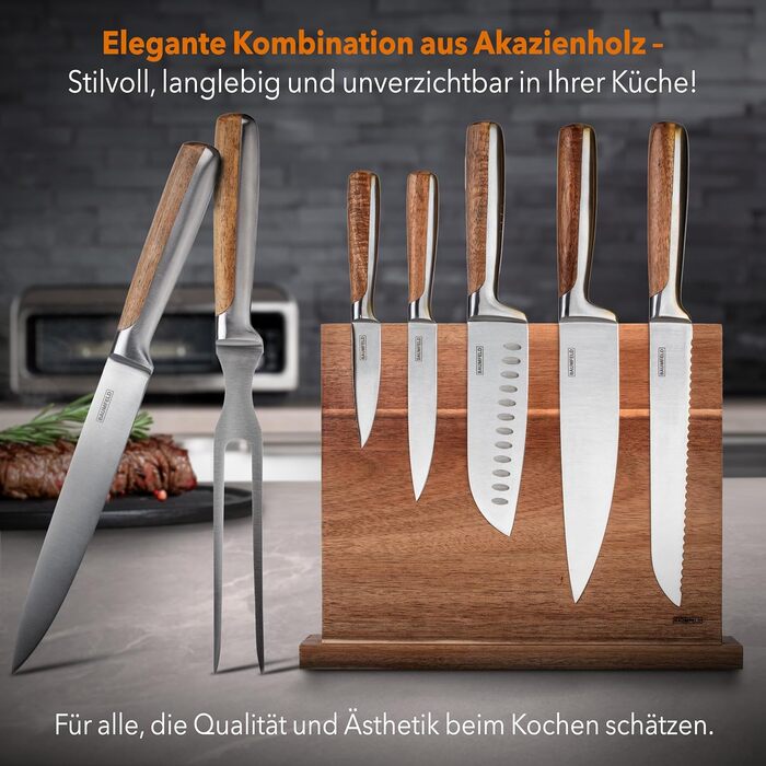 Baumfeld 6-Piece Knife Block Set - Premium Kitchen Knives with Acacia Wood Magnetic Block - Professional Chef Knife Set (Silver, Stainless Steel, & Tranchierbesteck)