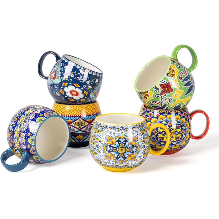 HENXFEN Cappuccino Cup Set, 600ml Porcelain Coffee Cups with Handle, Set of 6 Porcelain Cups for Tea, Coffee, Milk, Cappuccino with Pattern and Colorful - Bohemian Style
