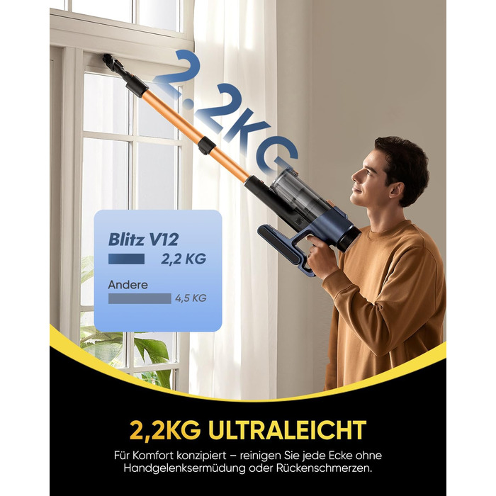 Бездротовий пилосос Vexilar V12 Akku: 50 хв роботи, 50 kPa, 450 W, антинамотування, легкий, безщітковий мотор, для твердих поверхонь, килимів, шерсті тварин (жовтий)
