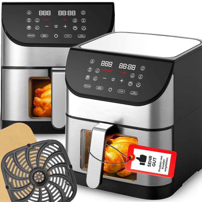 Retoo Фритюрниця без олії 6.5л 1800W з цифровим дисплеєм та 10 програмами, аерофритюрниця, нержавіюча сталь, чорний колір