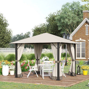 OUTSUNNY Garden Pavilion 3x3m with Ventilation Holes, 4 Side Panels, Weather-resistant, Rust-resistant, Made of Aluminum and Polyester, 2.97x2.97x2.6m in Khaki