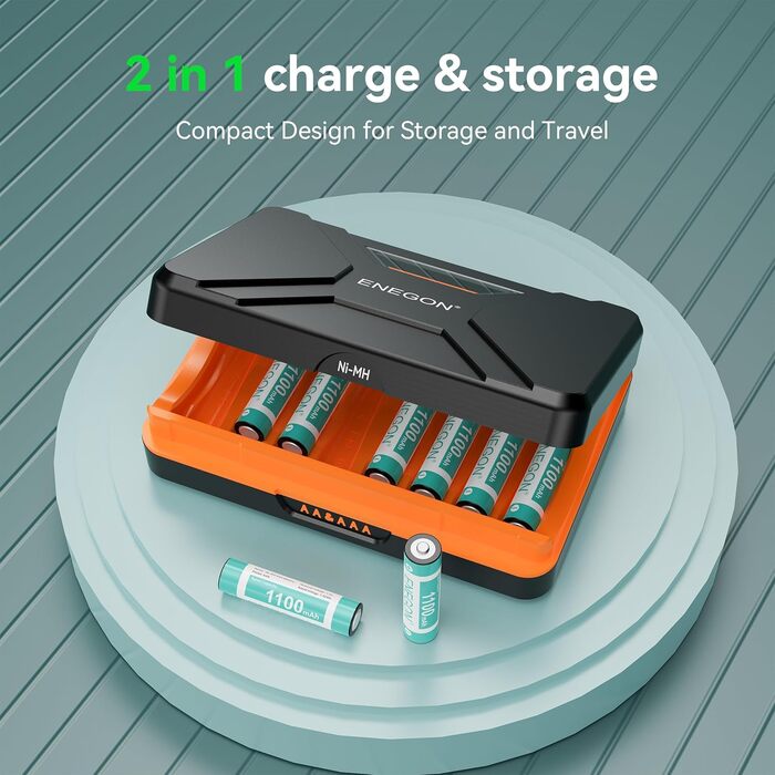 Зарядний пристрій ENEGON 8-Fach LCD для AA/AAA акумуляторів + 8 AAA Ni-MH 1100mAh, USB-C станція для пультів, термометрів та електроніки