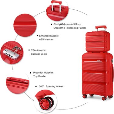 Валіза на 4 колесах, міцна та легка, з TSA-замком та YKK-блискавкою, тихі колеса, ручна поклажа з косметичною сумкою (Червоний)