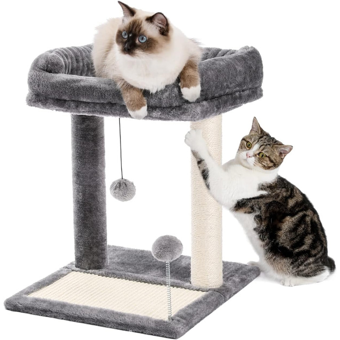 PETEPELA Small Scratching Post 51cm with Sisal Scratching Post, Scratching Board, Scratching Pad, Play Ball, Plush Cave for Kittens, Grey (with Scratching Board)