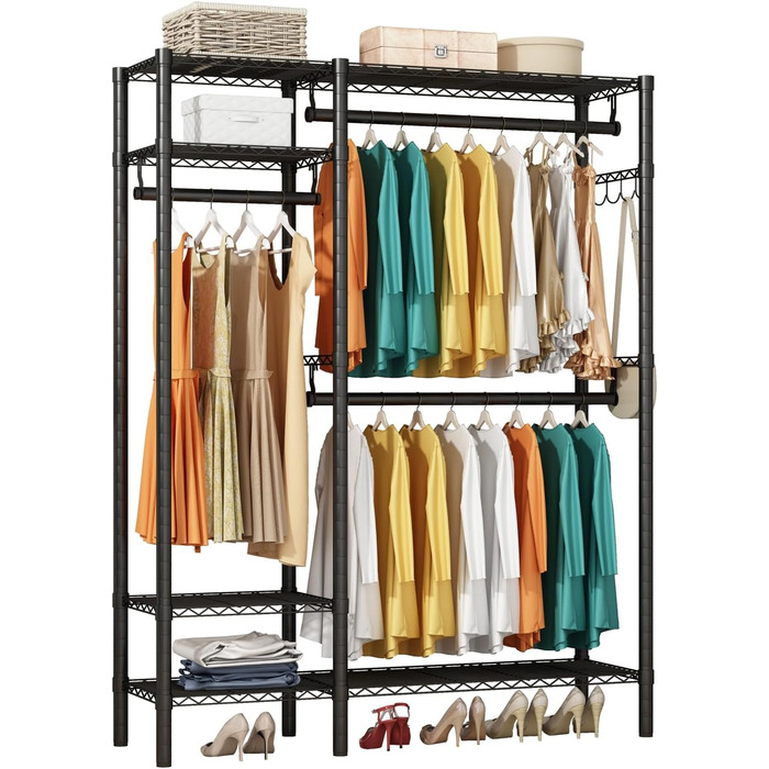 Стійка для одягу KZOBYD з полицями, чорна, металева, з 4 регульованими полицями для верхнього одягу, суконь та взуття