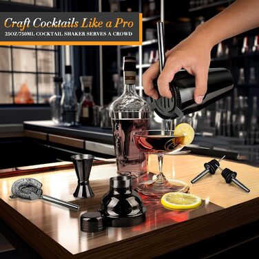 Cocktail Shaker Set with Stand, 12-Piece Premium Cocktail Set with All Essential Bar Tools, Gifts for Women Men Cocktail Lovers, Professional Bar Set Cocktail Accessories (Black)
