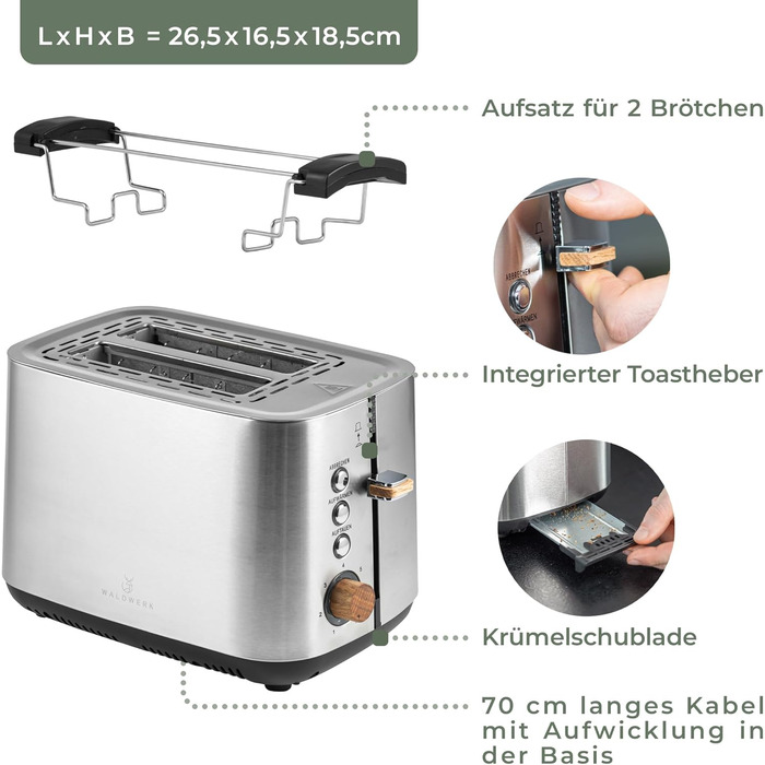 WALDWERK Design Toaster - made from 304 stainless steel and oak wood - for 2 slices - with bagel attachment - with extra wide and deep toasting chambers - with crumb tray Toaster stainless steel and wood