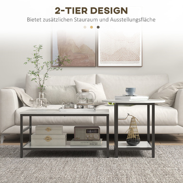 HOMCOM Set of 2 Side Tables/Coffee Tables/Accent Tables with Modern Design and Marble Look for Living Room, Bedroom, Steel