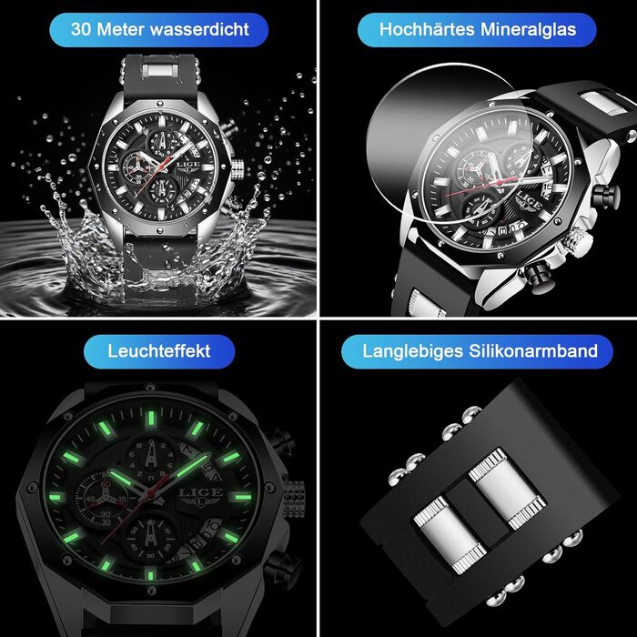 Годинник чоловічий LIGE з датою, кварцовий, аналоговий, водонепроникний, ретро-дизайн, хронограф, чорний силіконовий ремінець, вінтажний годинник, подарунок для чоловіків