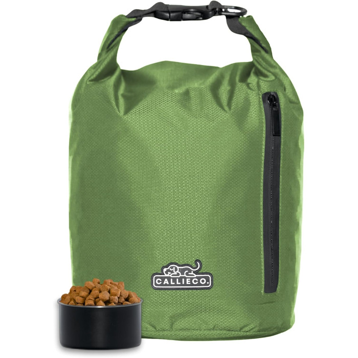 Трояк для корму для собак Callieco з лопаткою та кишеню на блискавці, водонепроникний контейнер для дому, подорожей на авто, кемпінгу, перельоту та іншого (64 порції) (64 чашки, зелений)