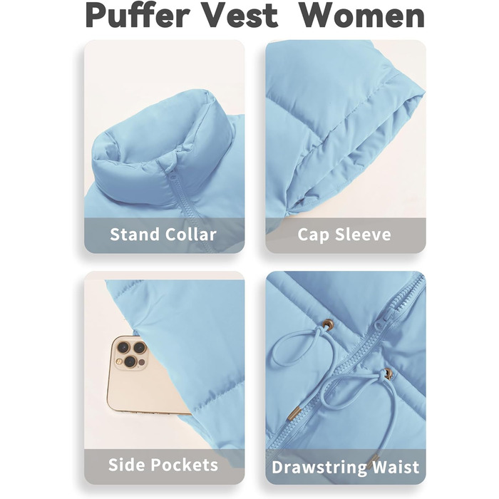 Жіноча велика пухова жилетка ELLEVEN, стеганий, з капюшоном, на блискавці, без рукавів, з кишенями, світло-блакитна