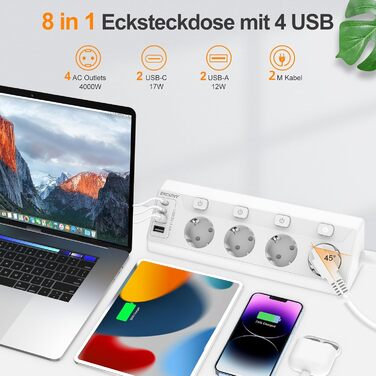Мережева розетка з 2 USB-C (PD 20W) та 1 USB-A, трьохсекційна з вимикачем, захист від перенапруги, зручна для зберігання, розподільник для подорожей, кабель 1,5 м (кутова розетка)