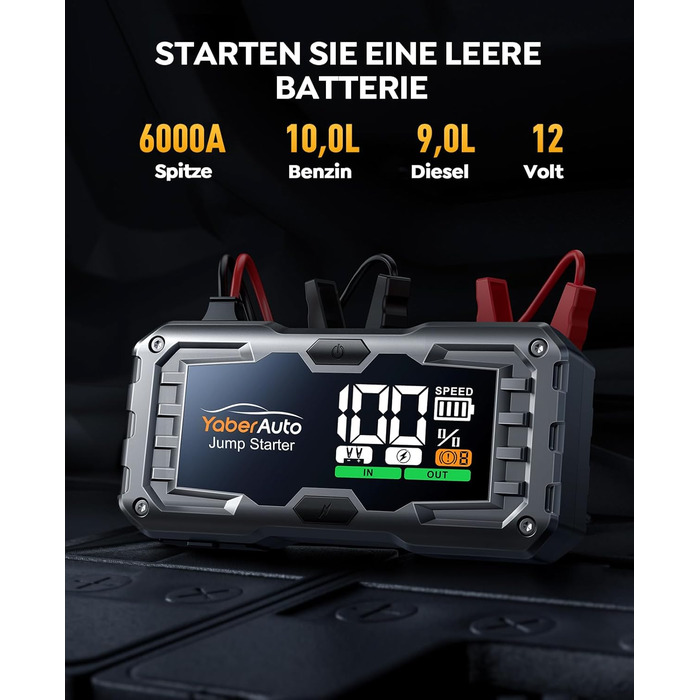 YaberAuto 6000A Powerbank для запуску двигуна авто, 12V, 10.0L бензин/9.0 Diesel, LCD, 450 Lumen, YA100