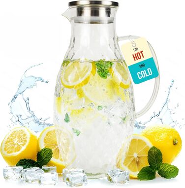 Borosilicate glass carafe with lid - Glass carafe with unique diamond pattern for 3 liters of cold or hot water - Water carafe and drink dispenser for homemade iced tea and juice