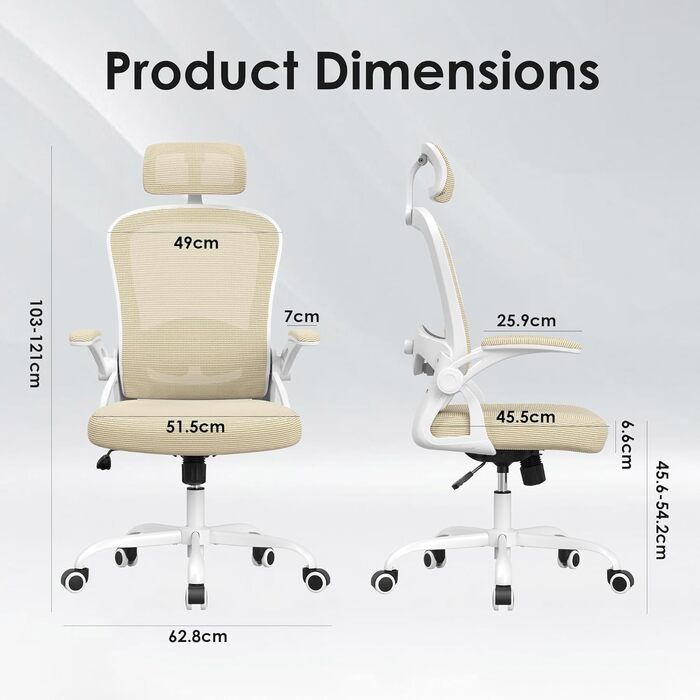 Ергономічне крісло Farini з регулюванням висоти, для офісу та дому, з підголівником, комп'ютерне крісло, до 150 кг, на роликах (білий-хакі)