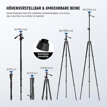 Штатив для камери NEEWER з моноподом, 72 дюйми, алюміній, міцна конструкція для DSLR, екшн-камер, відеокамер, кульковий голковий вушко 360°, платформа Arca-Swiss, максимальне навантаження 15 кг, серветка для очищення