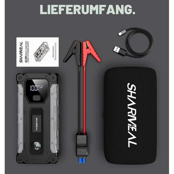 Пусковий пристрій (бустер) для автомобіля SHARMEAL 10000A, 12V Powerbank для бензинових та дизельних двигунів до 10.0 л, з LCD-дисплеєм та LED-ліхтарем